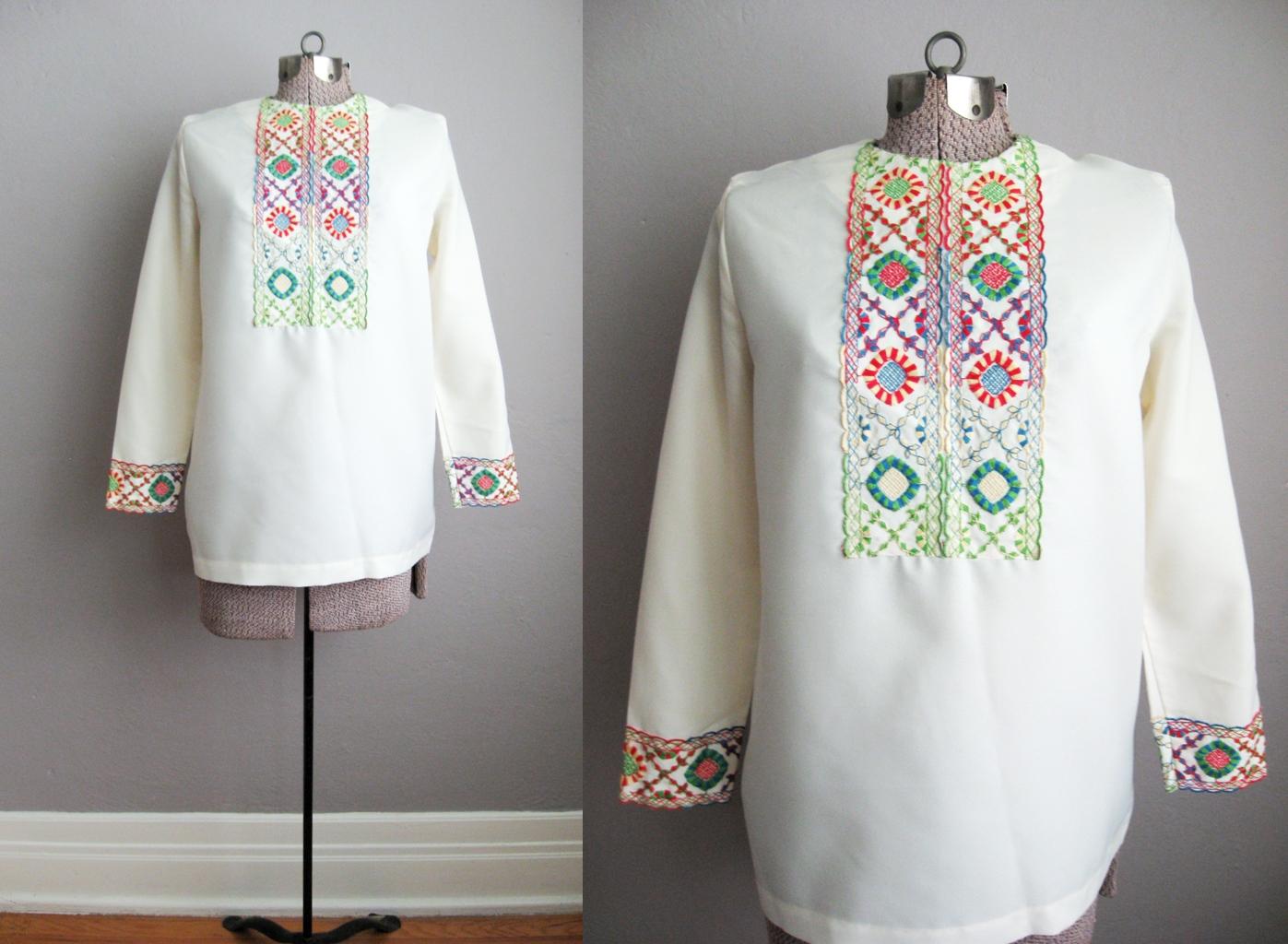 1960s Ivory Crepe Embroidered Blouse 