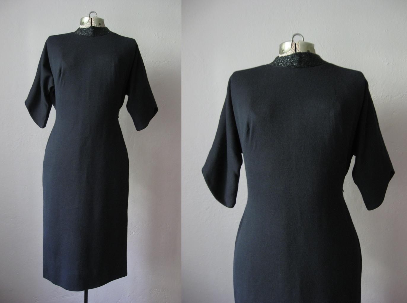1950s Black Jersey Wiggle Dress with Beaded Collar 