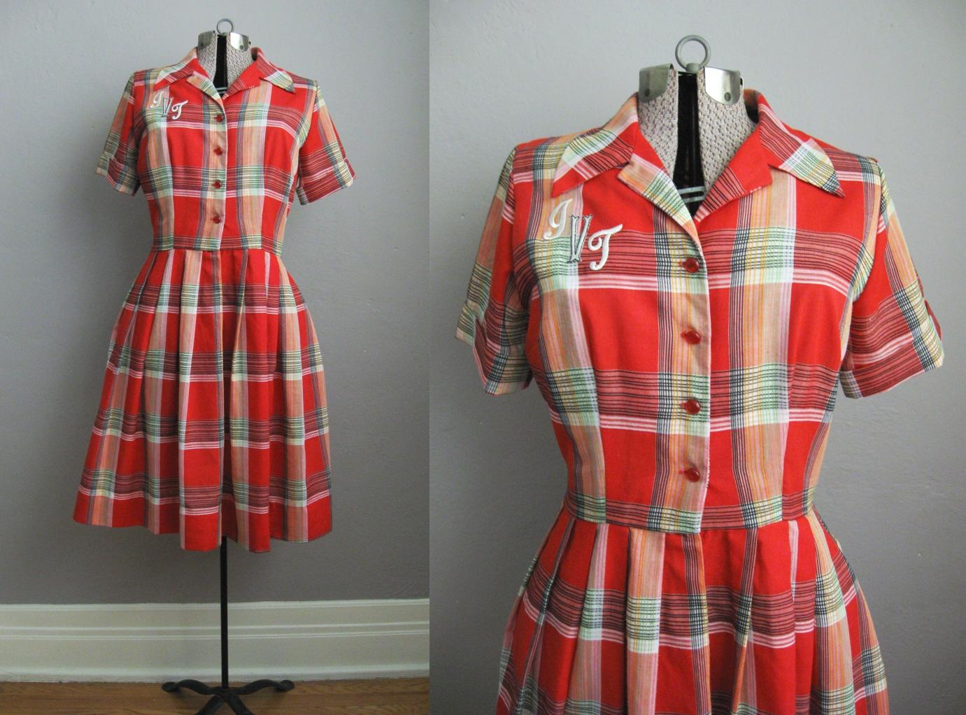 1950s Red Plaid Cotton Dress