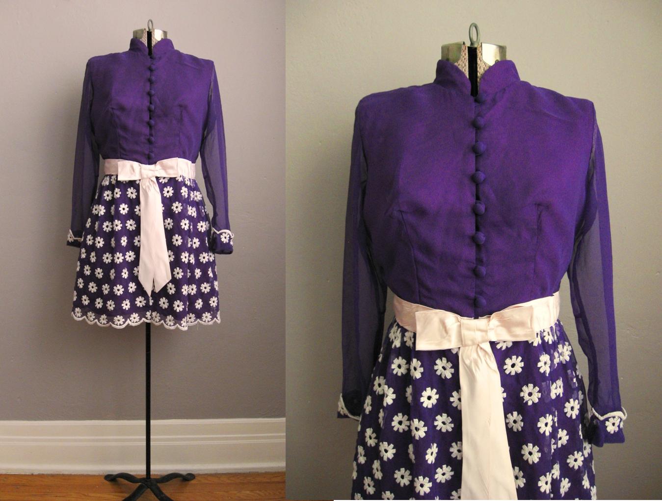 1960s Purple Chiffon Daisy Mini Dress