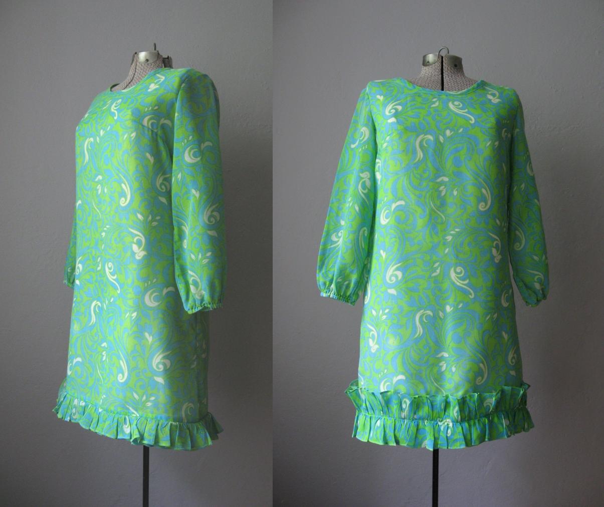 1960s Dress Green White Swirl Pattern Ruffle Hem
