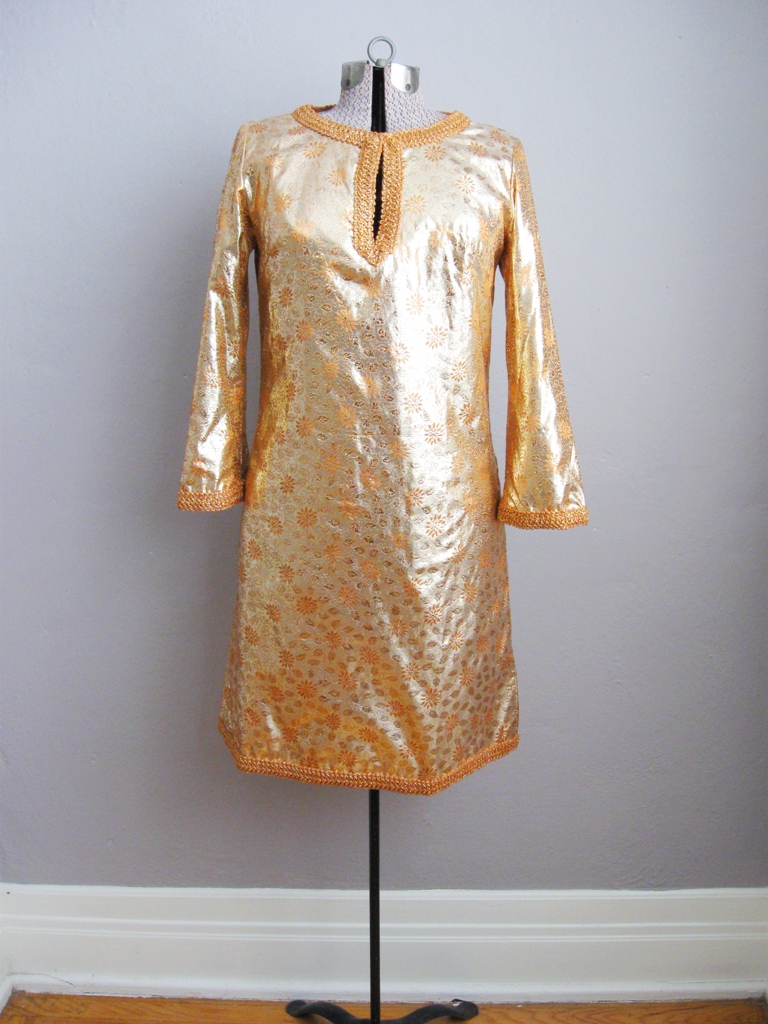 1960s Gold Lame Cocktail Dress with Gold Braid Trim