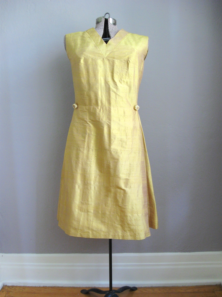 Gold Silk 1960s Day Dress Button Detail Pleated Skirt
