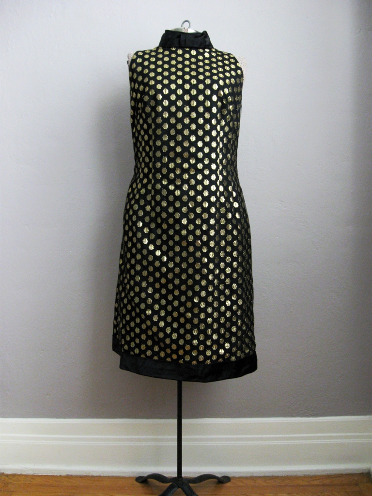 1960s Cocktail Dress Bow Collar Black Gold Net