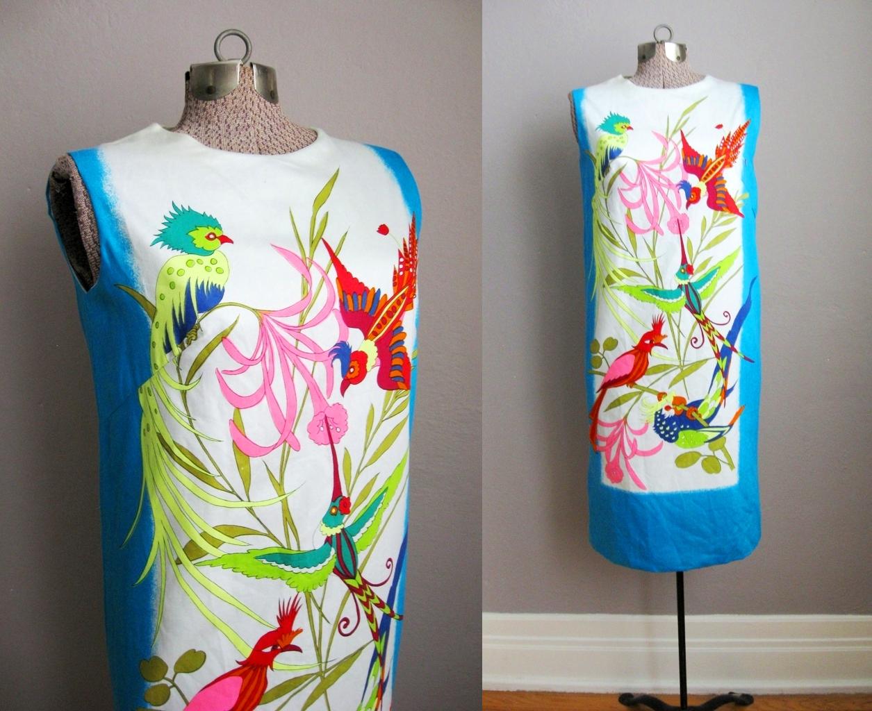 Vintage 60s Shift Dress Birds of Paradise