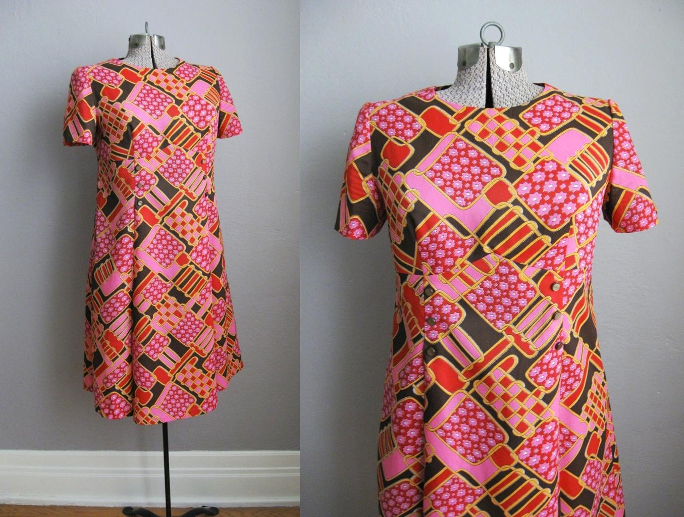 Vintage 1960s Dress Psychedelic Print Pink Brown