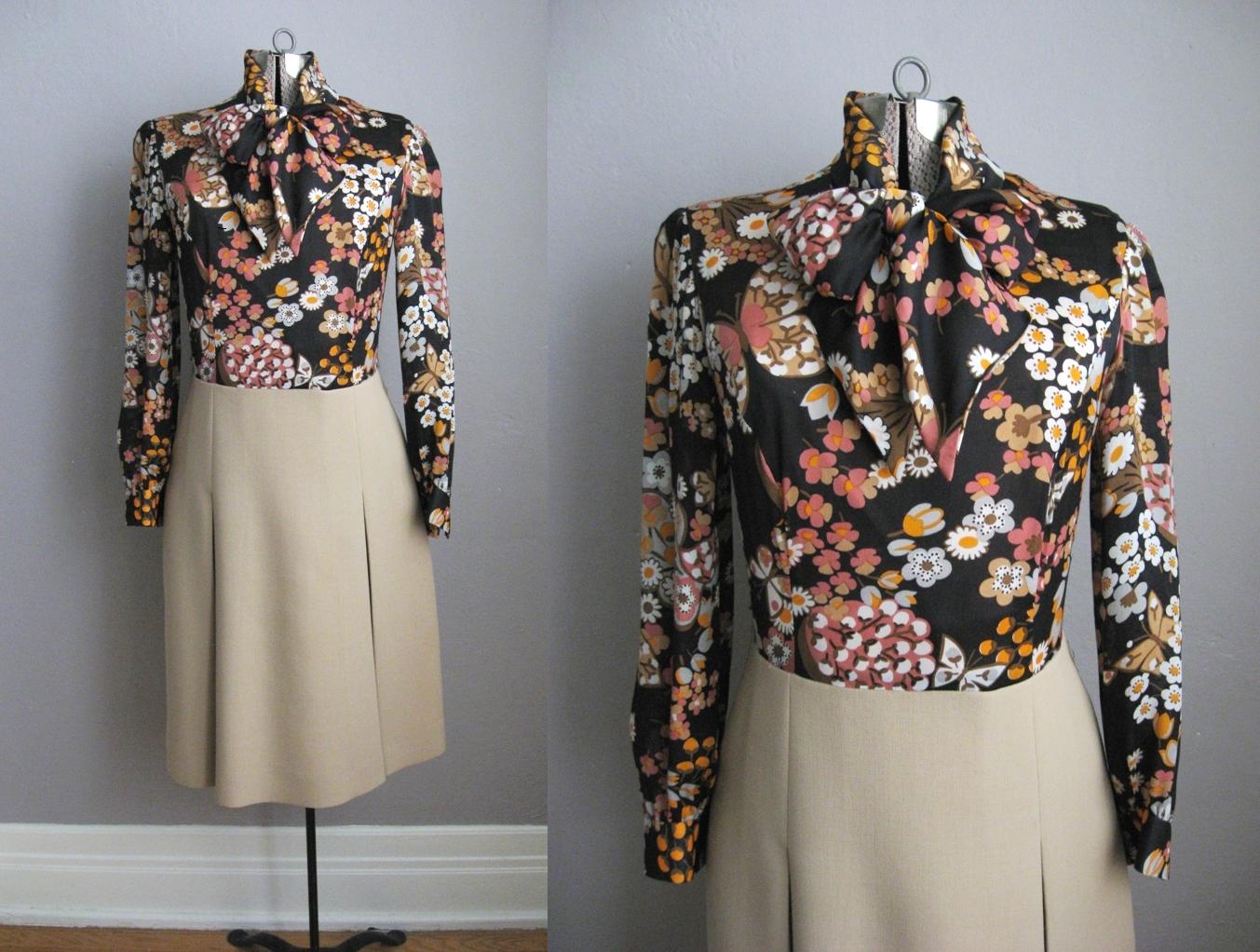 1960 Vintage Dress Butterfly Print Twofer Pleated Skirt