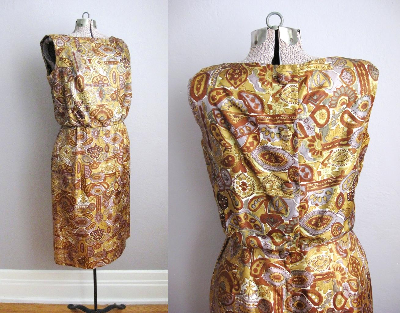 1950s Button Back Wiggle Dress Rust Paisley Print