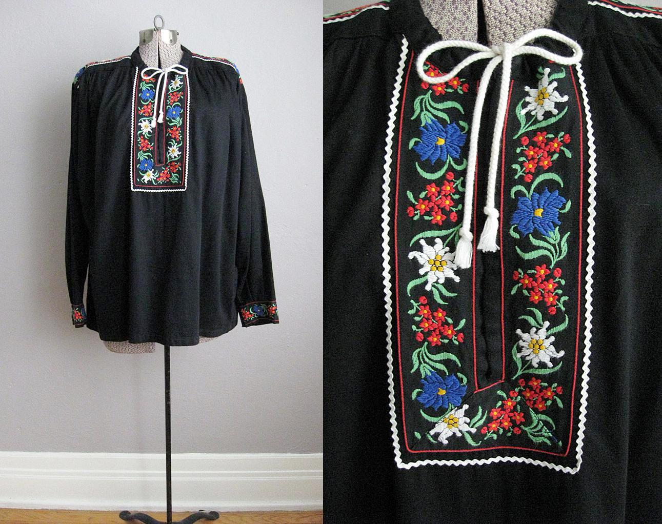 1970s Black Cotton Embroidered Blouse