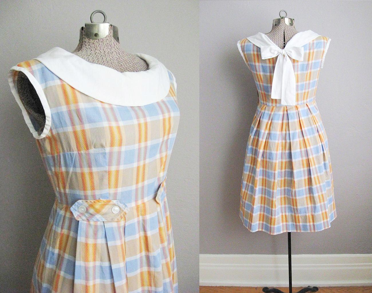 1950s Plaid Dress Sailor Collar Bow