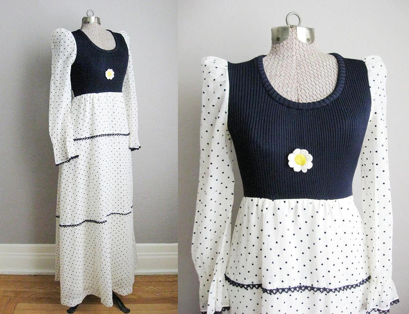 1960s Maxi Dress Daisy Applique