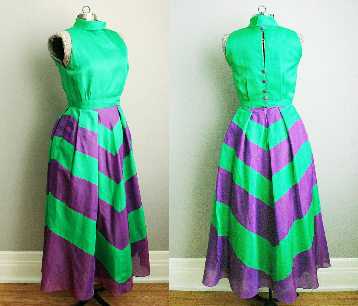 1960s Party Dress Purple and Green Silk