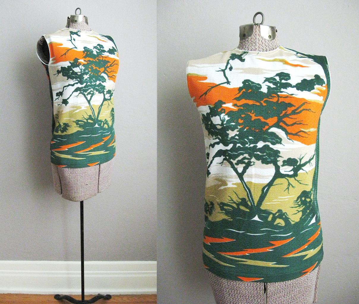 1960s Top Nylon Knit Nature Scene