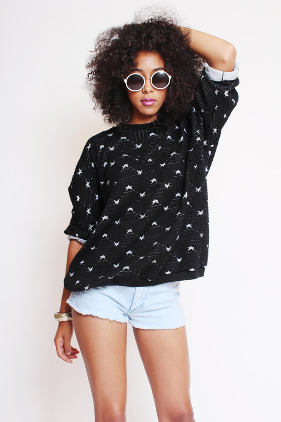 Vtg 1980s Trendy Black White Oversized Loose Cool Stars Jumper by Love Charlie J